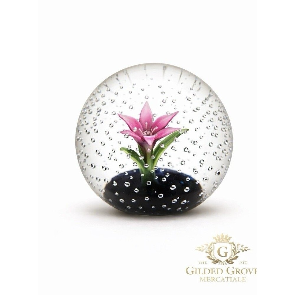 Caithness Scotland Glass Paperweight Flower in the Rain Pink Controlled Bubble